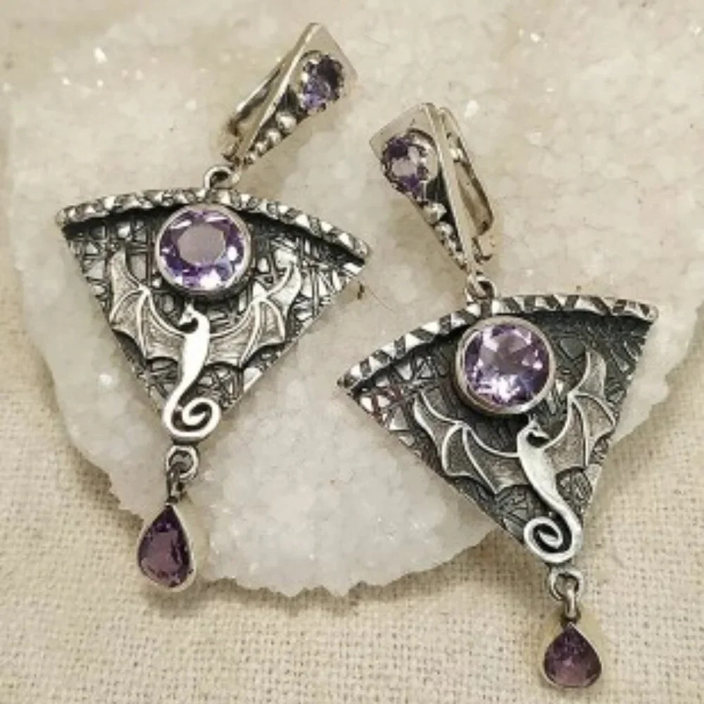 Gothic Dragon Metal Pink Stone Inlaid Pendant Alloy Earrings Vintage-inspired